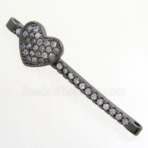 copper connector paved zircon with heart, black plated