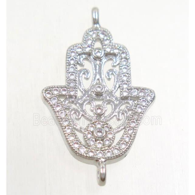copper hamsahand connector paved zircon, platinum plated