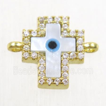 copper cross connector paved zircon with shell evil eye, gold plated
