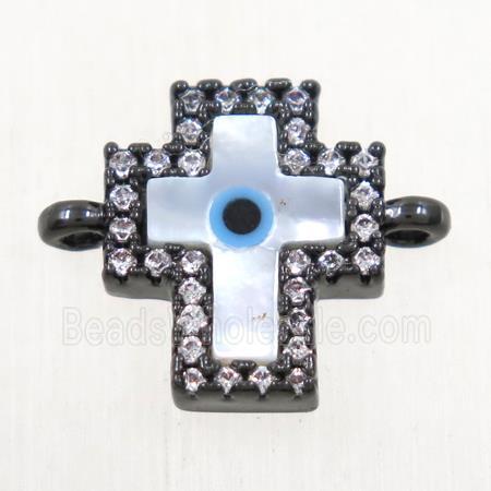 copper cross connector paved zircon with shell evil eye, black plated