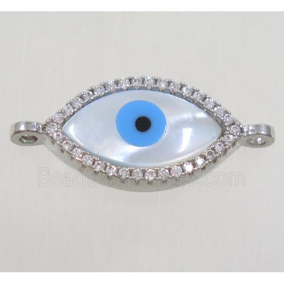 copper oval connector paved zircon with shell evil eye, platinum plated