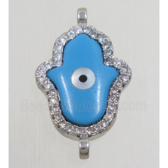 copper hamsahand connector paved zircon with shell evil eye, platinum plated