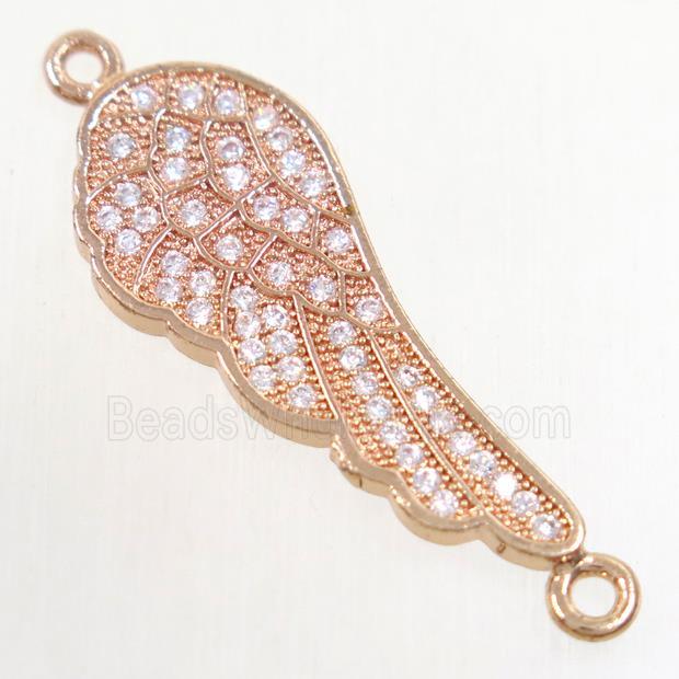 copper connector paved zircon, angel wing, rose gold