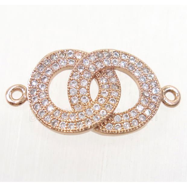 copper doubleRing connector paved zircon, rose gold