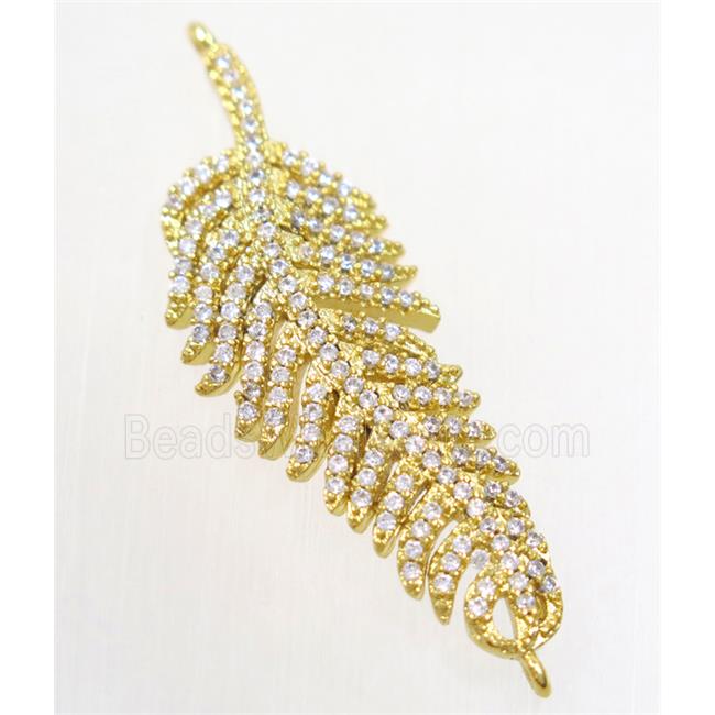 copper feather connector paved zircon, gold plated