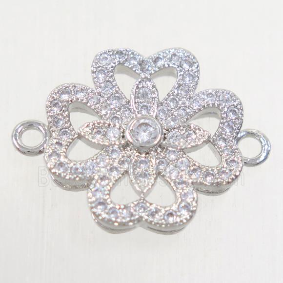 copper four-leaf clover connector paved zircon, platinum plated