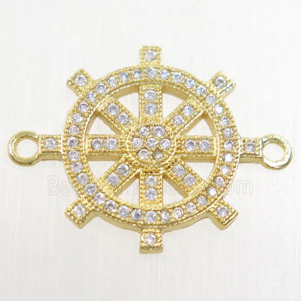 copper ship helm connector paved zircon, gold plated