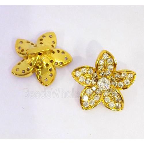 copper spacer bead paved zircon, flower, gold plated