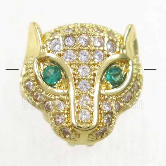 copper foxHead beads paved zircon, gold plated