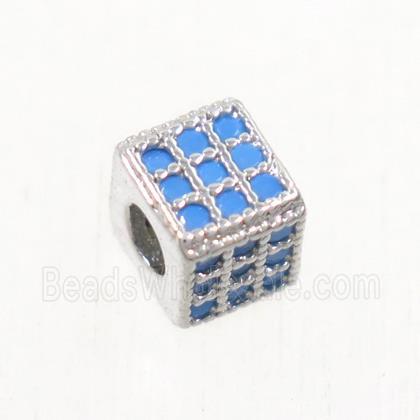copper cube beads paved zircon, platinum plated, turq