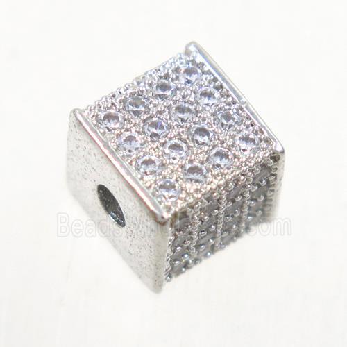 copper cube beads paved zircon, platinum plated