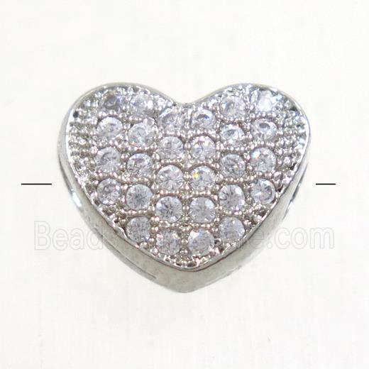 copper heart beads paved zircon, platinum plated