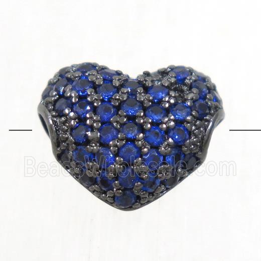 European style copper heart beads paved blue zircon, black plated