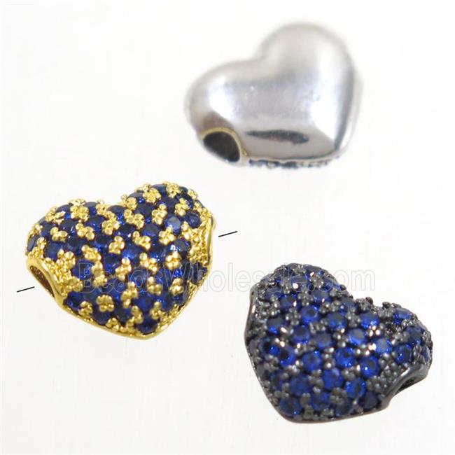 European style copper heart beads paved blue zircon, mix color