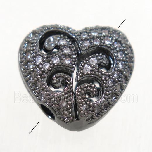 copper heart beads paved zircon, black plated