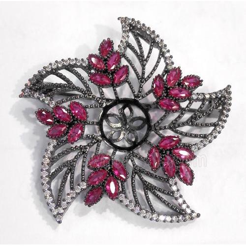 copper flower brooch paved zircon, black