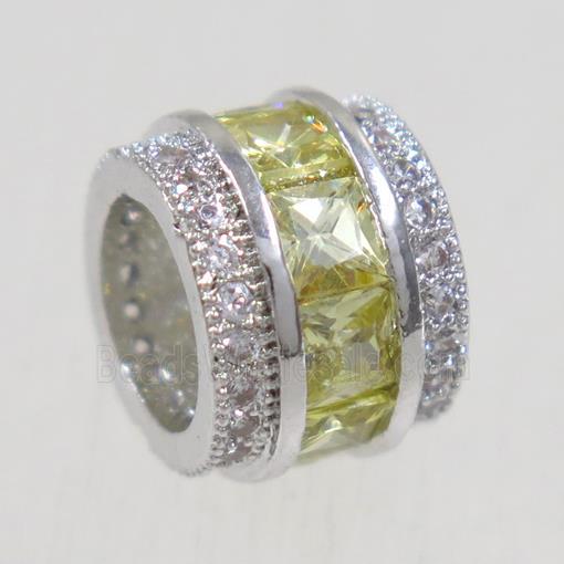 European style copper beads paved zircon, tube, platinum plated