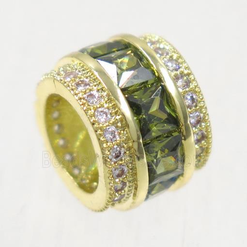 European style copper beads paved zircon, tube, gold plated