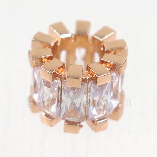 European style copper beads paved zircon, tube, rose gold