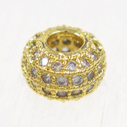 European style copper beads paved zircon, rondelle, gold plated