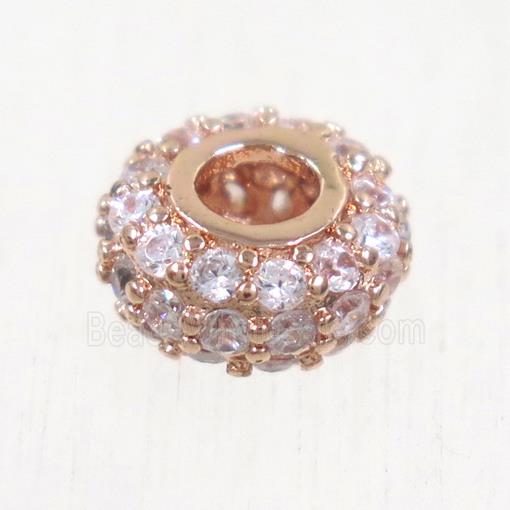 European style copper beads paved zircon, rondelle, rose gold