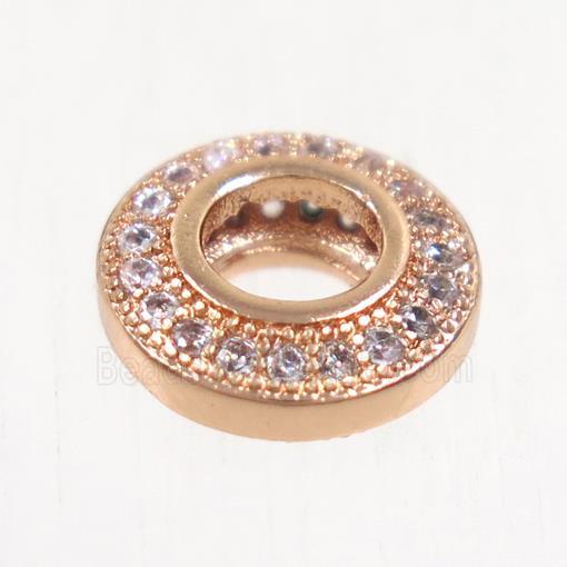 European style copper rondelle beads paved zircon, rose gold