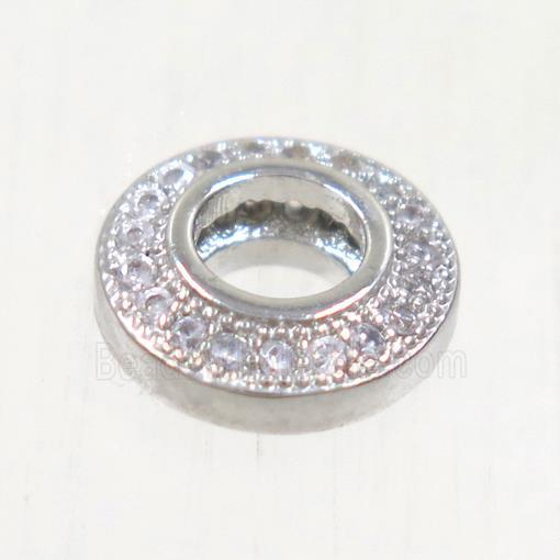 European style copper rondelle beads paved zircon, platinum plated