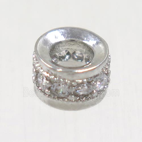 European style copper bead paved zircon, rondelle, platinum plated