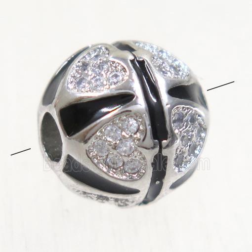 copper beads paved zircon, round, platinum plated