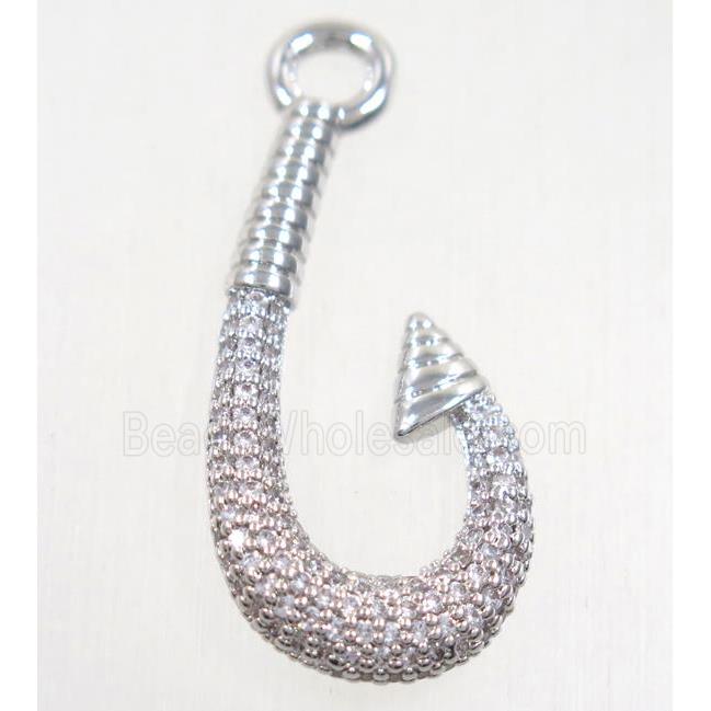 copper fishhook pendant paved zircon, platinum plated