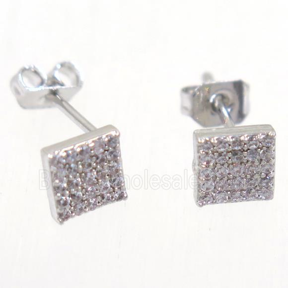 copper earring studs paved zircon, square, platinum plated