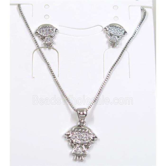 Jelwelry set, copper necklace earring pave zircon, kids, platinum plated