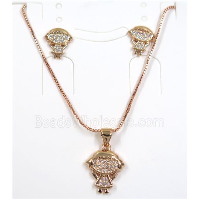 Jelwelry set, copper necklace earring pave zircon, kids, rose gold