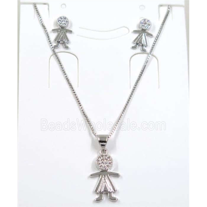 Jelwelry set, copper necklace earring pave zircon, kids, platinum plated