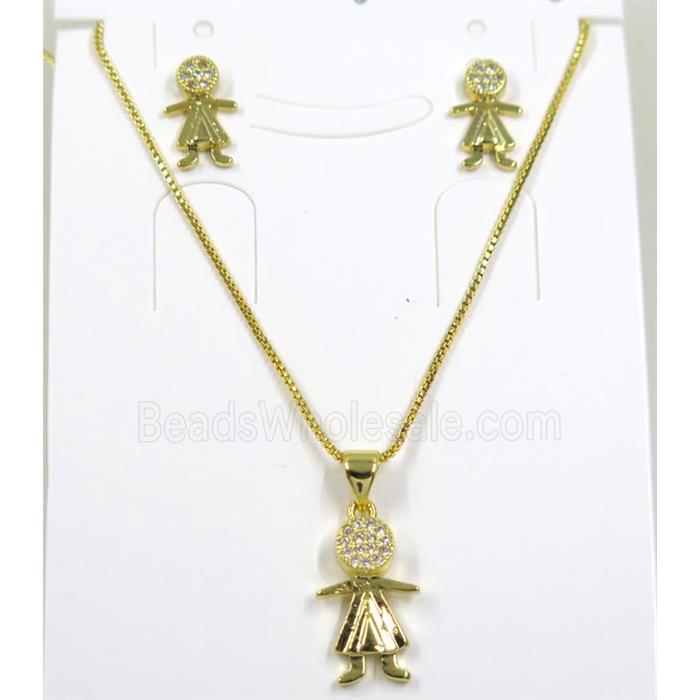 Jelwelry set, copper necklace earring pave zircon, kid, gold plated