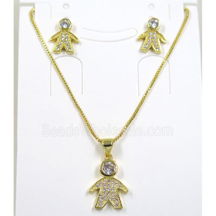 Jelwelry set, copper necklace earring pave zircon, kid, gold plated