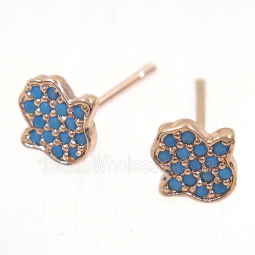 copper hamsahand earring studs paved zircon, rose gold