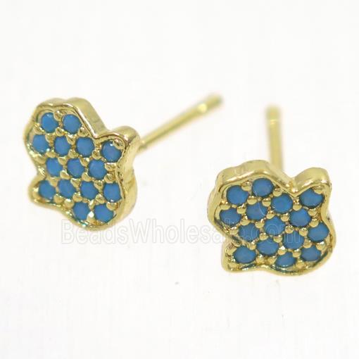 copper hamsahand earring studs paved zircon, gold plated