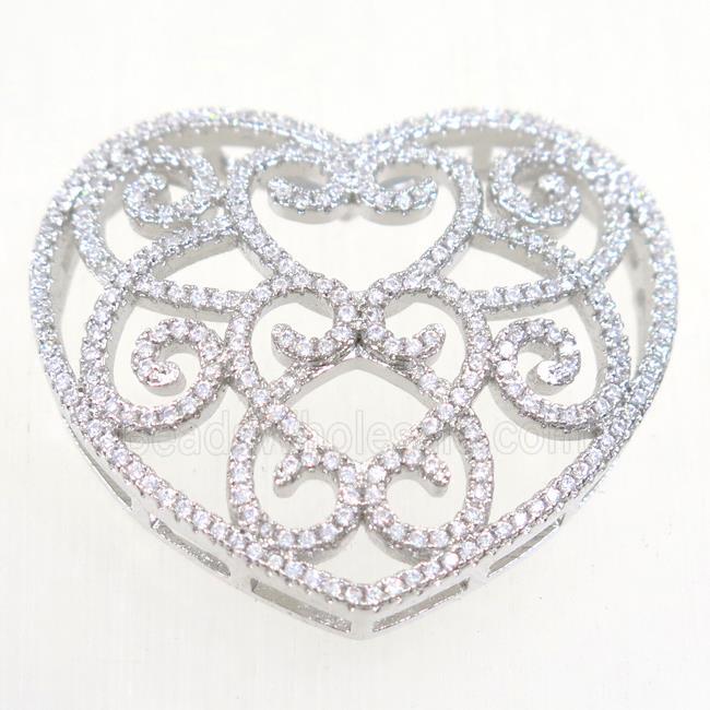 copper heart connector paved zircon, platinum plated
