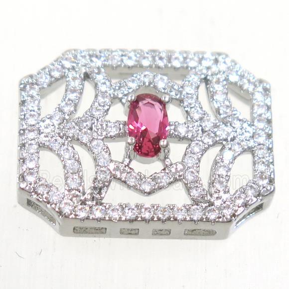 copper rectangle connector paved red zircon, platinum plated