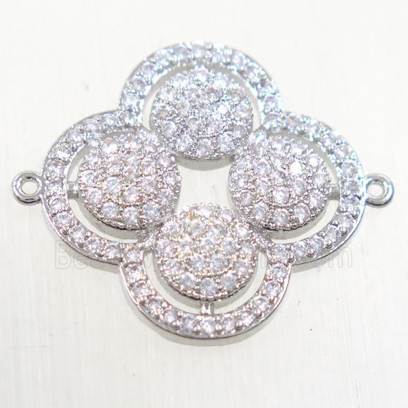 copper clover connector paved zircon, platinum plated