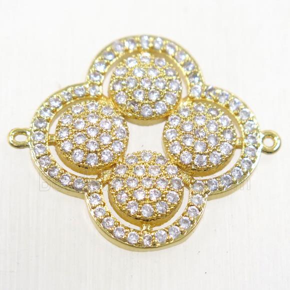 copper clover connector paved zircon, gold plated