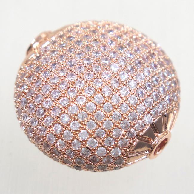 copper beads paved zircon, flat round, rose gold