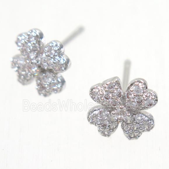 copper clover earring studs paved zircon, platinum plated