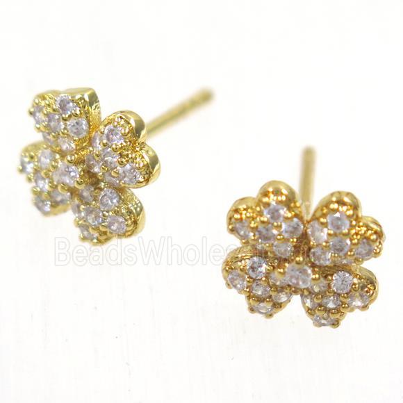 copper clover earring studs paved zircon, gold plated