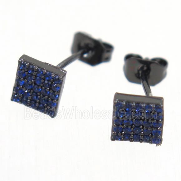 copper square earring studs paved blue zircon, black plated