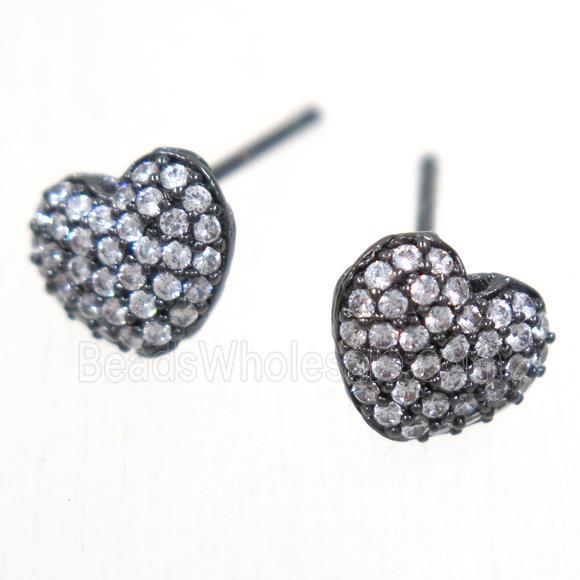 copper heart earring studs paved zircon, black plated