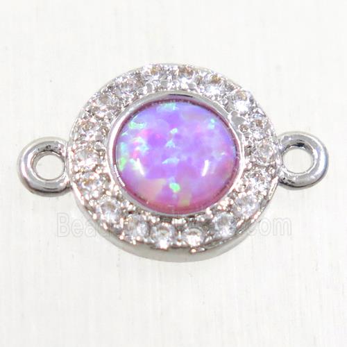 copper circle connector paved zircon with pink fire opal, platinum plated