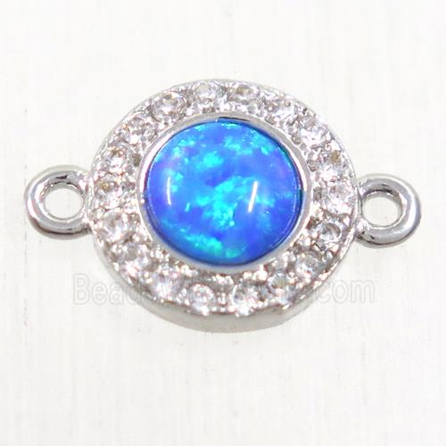copper circle connector paved zircon with blue fire opal, platinum plated