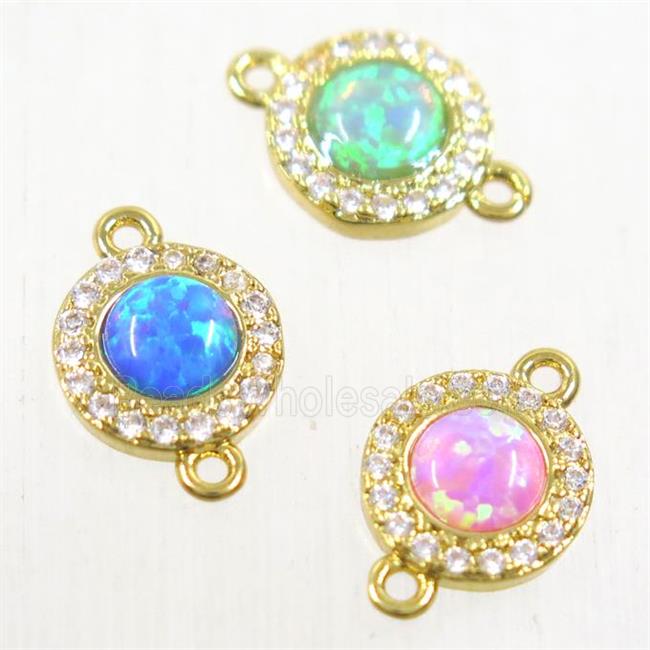 copper circle connector paved zircon with fire opal, mixed, gold plated